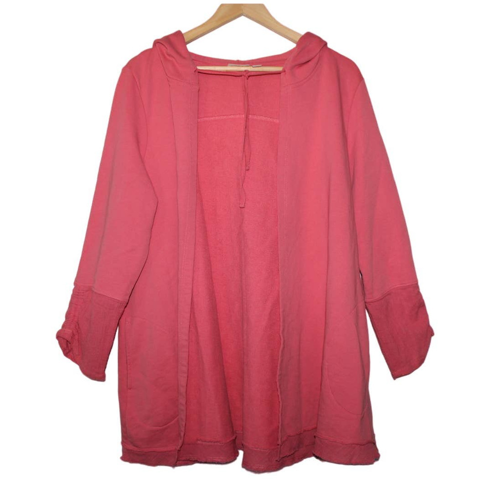 Womens LOGO Lori Goldstein Red Cotton Hooded Long Sleeve Cardigan Sweater Size M